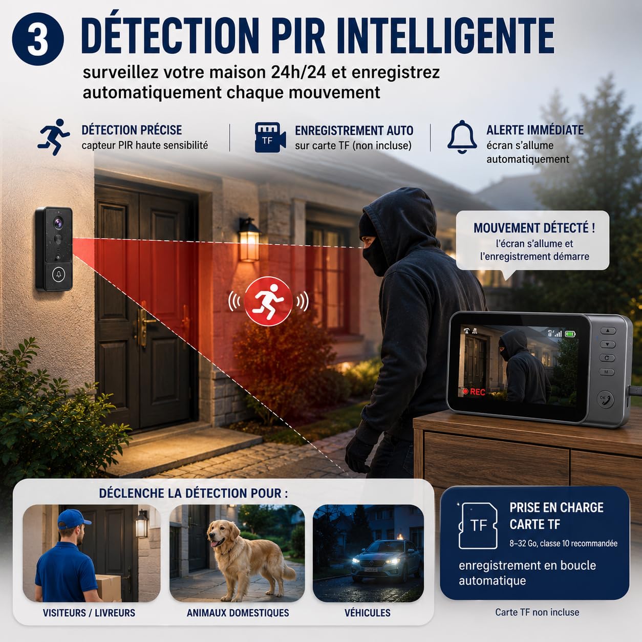 Sonnette sans Fil Exterieur Etanche avec Caméra, Sonnette sans Fil avec Camera et Moniteur 4,3", Visiophone sans Fil sans WiFi ni App, Interphone Video sans Fil 2.4GHz, PIR, Vision Nocturne, IP65