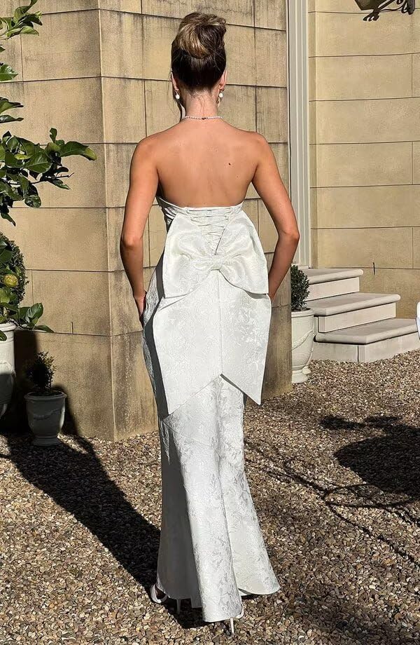 Fivsole Satin Prom Dresses with Bow Strapless Bridesmaid Dresses Long Satin Formal Evening Party Gown - Image 4