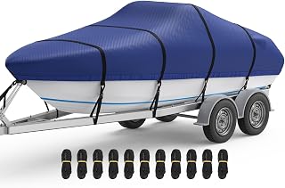 RVMasking Boat Cover, Ultra-Thick 1400D Polyester Canvas with Double PU Waterproof Coating, Fits 20-22ft Tri-Hull, V-Hull, Runabout, Fish & Ski Boat, Bass Boat, Blue
