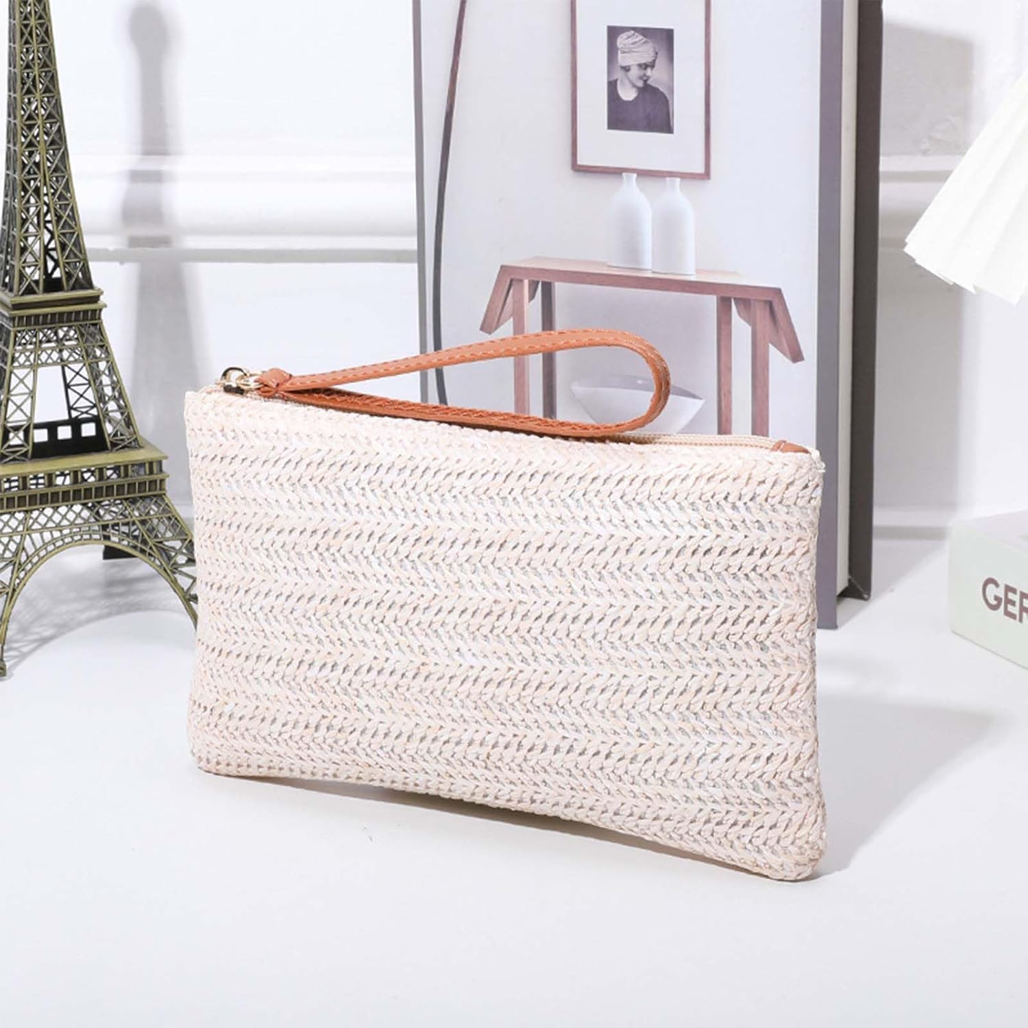 Womens Wallet Straw Wristlets Purse with Wrist Strap Zipper,Wristlets Wallets Slim Straw Wallet for Womens Girls