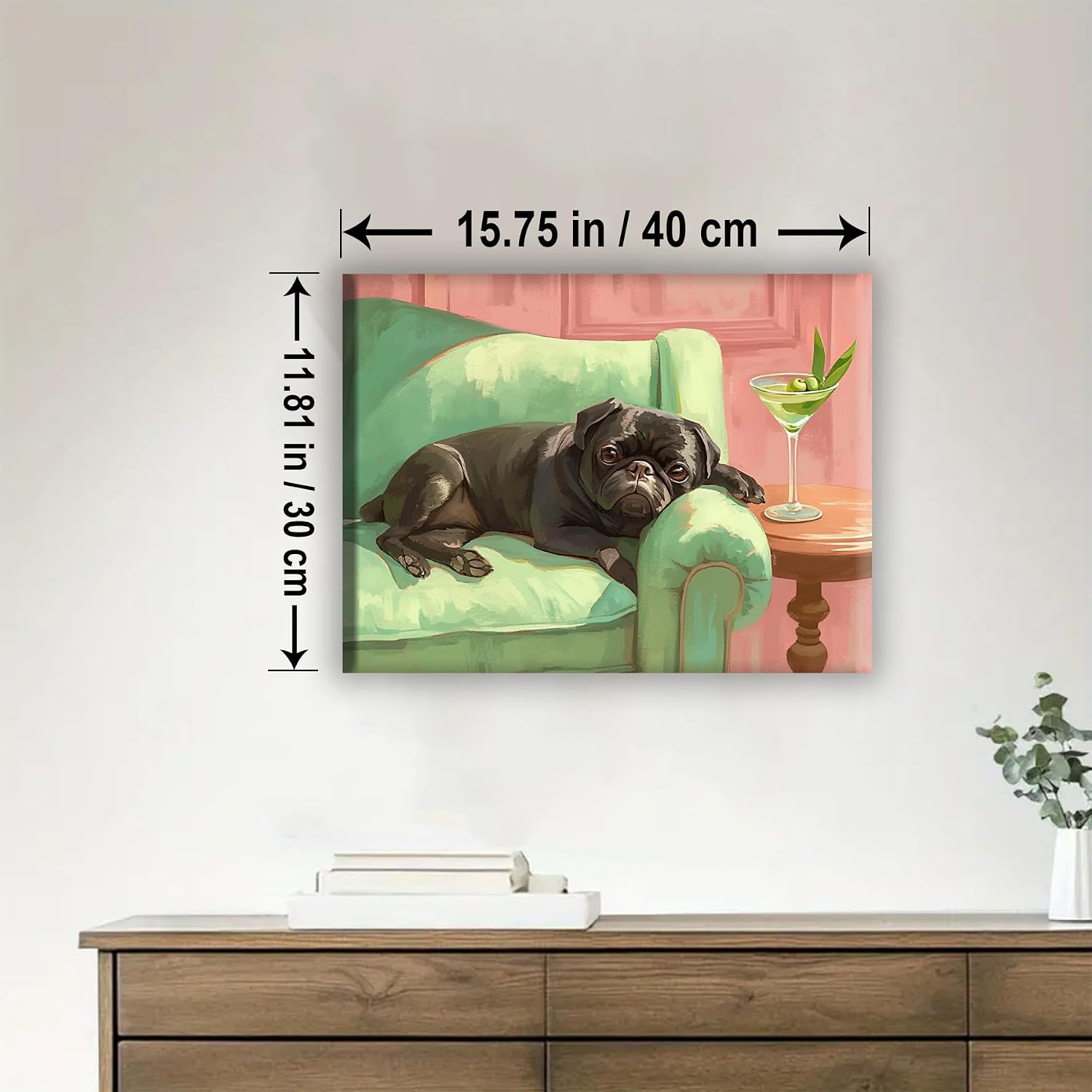 HUINORYA Black Pug with Martini Pug Dog Framed Canvas DIY Paint by Numbers Kit Bar Cafe Cave Home Room Wall Bathroom Porch Patio Decor Gift, 16 x 12 Inch
