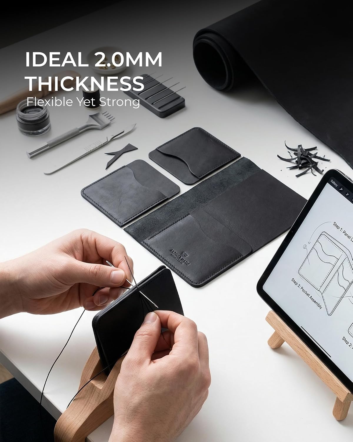 Black Leather Sheets for Crafts – 2.0MM Full Grain Leather for Crafting – 12” X 12” Thick Real Cowhide Leather Pieces Square for Tooling