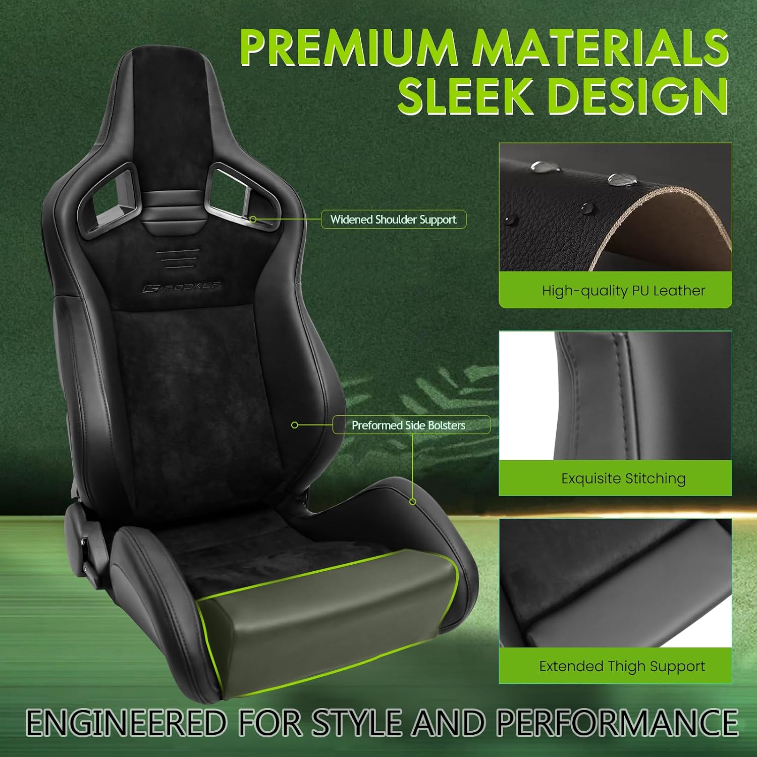 Universal Pairs of Racing Seat with Dual Sliders, Suede & PU Front+Carbon Leather Back Reclinable Bucket Seat, Black Suede+Side PU w/LOGO