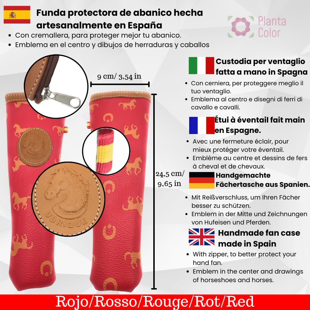 Abanico Plegable con Funda para Abanico. Tela Estampada de Algodón sobre Madera. Lunares Pintados. con Llavero de Costumbres Españolas (Rojo Lunares Blancos)