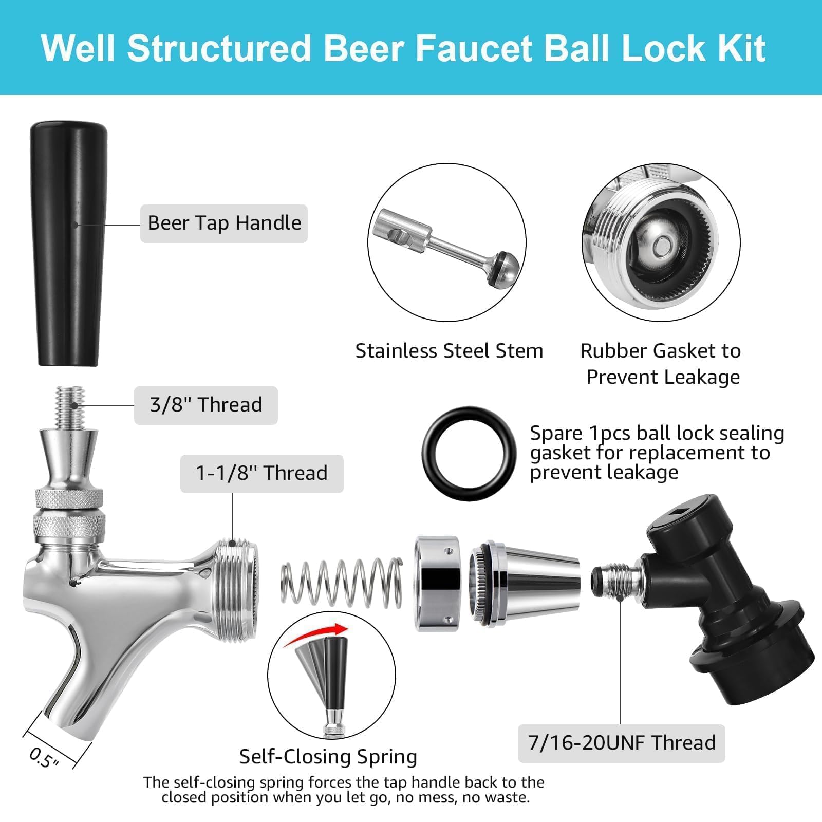 Grifo para barriles de cerveza fácil de instalar con desconexiones rápidas de acero inoxidable Grifo para barriles para fiesta para control de flujos precisos Bloqueo de bola Grifo para cerveza
