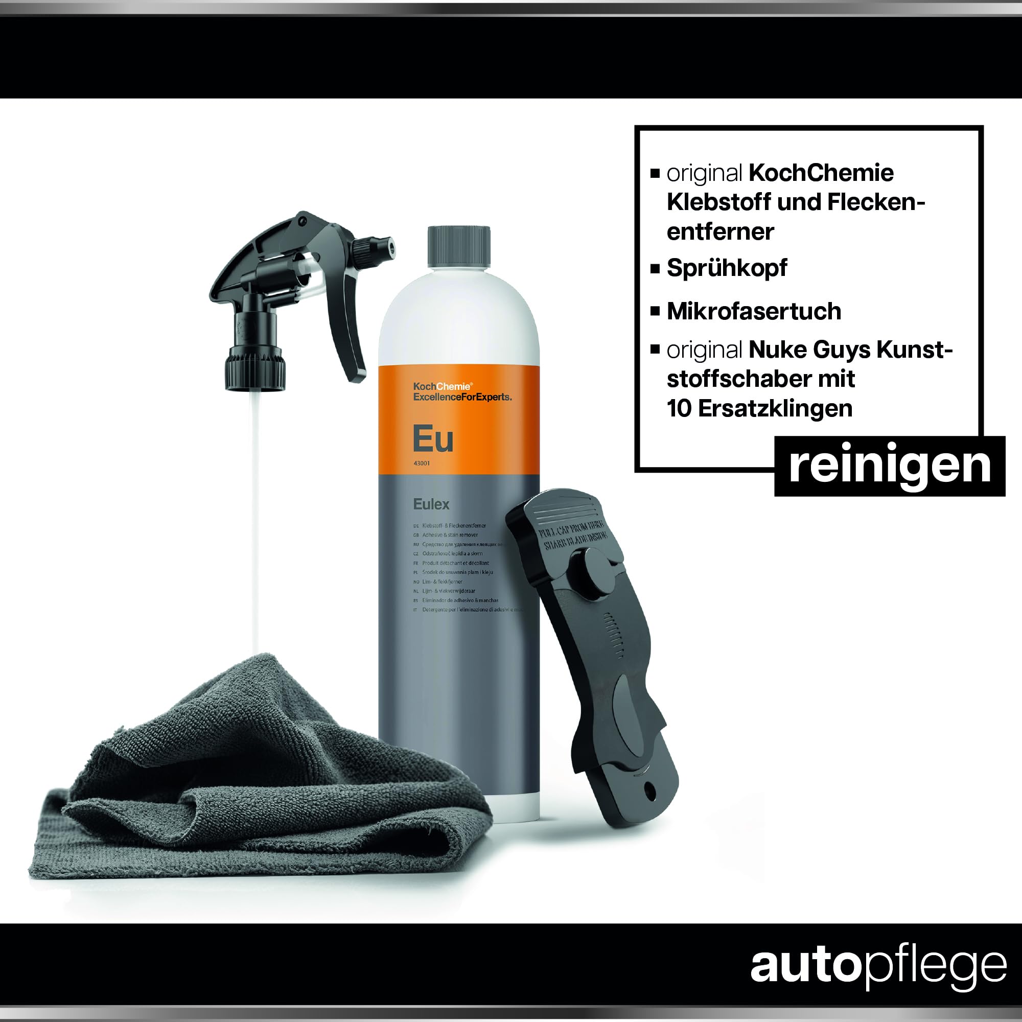 Koch Chemie Eulex Kit de détachant de colle 1 l + tête de pulvérisation + chiffon microfibre + grattoir en plastique Nuke Guys avec 10 lames interchangeables - Élimination efficace des résidus de