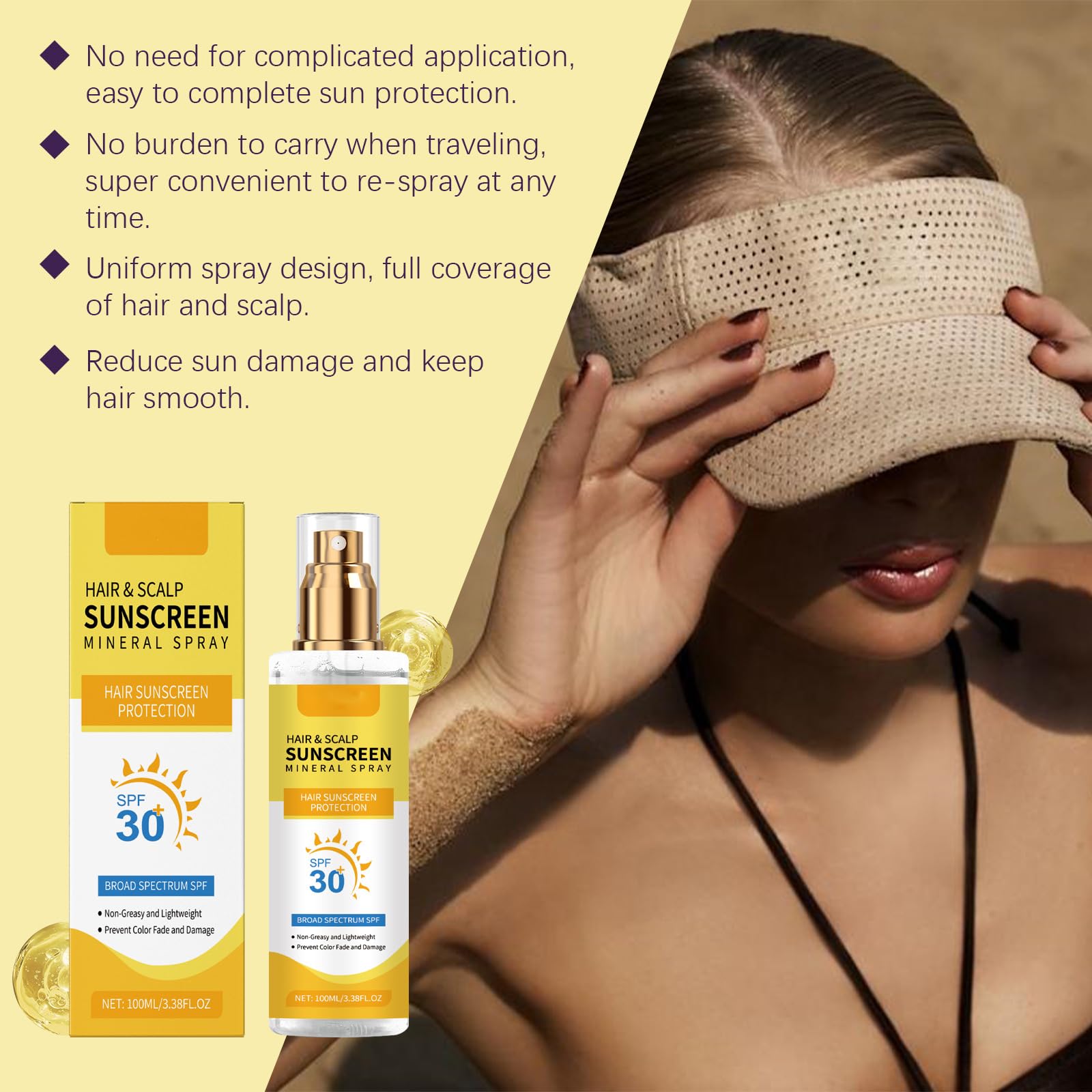 Spray Solare Capelli SPF 30, 4 Pezzi | Protezione UV per capelli colorati, Non grasso e senza peso, Con olio di cocco, Contro secchezza e sbiadimento