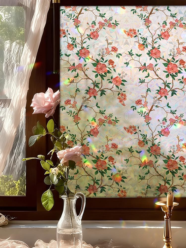 Vintage Floral Window Privacy Film, 78.5" L x 17.5" W, Rainbow Prism Stained Glass Self-Adhesive(Non Static Cling),Heat Control & UV Blocking, Decorative Flower Film for Bathroom, Glass Door