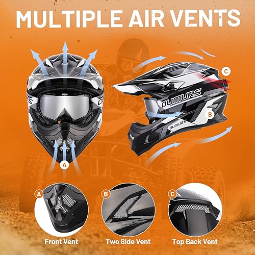 Miniatura 4 de DOT Casco de ATV Dirt Bike para Adultos con Gafas Guantes y Máscara Visera Solar Ajustable Casco de Motocicleta para Adultos Todoterreno Motocross