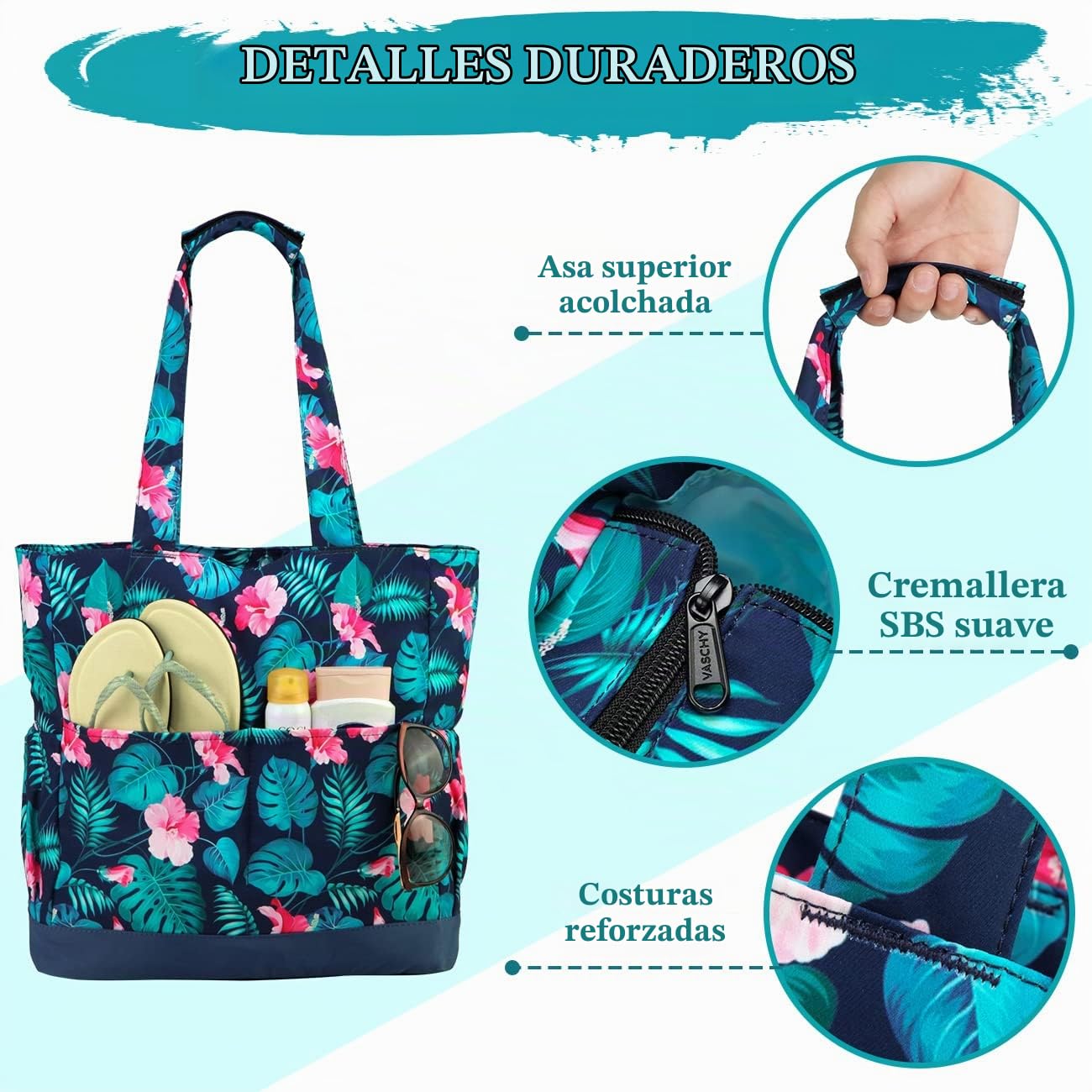 VASCHY Bolso Playa Mujer Grande XXL Familiar con Cremallera Plegable 17,3L