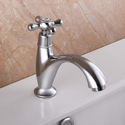 Miniatura 6 de SKOWLL Grifo de agua fría individual grifo de baño de una sola manija 1 agujero cubierta montaje lavabo lavabo grifo, acabado cromado pulido