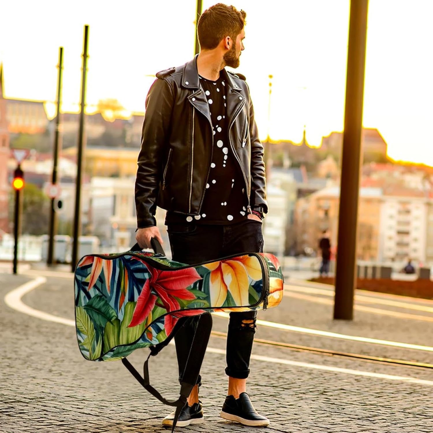 Acoustic Guitar Gig Bag 1 cm Thick Padding, Waterproof Electric Guitar Bag 40-42 Inch Guitar Case Backpack with Dual Shoulder Strap, Watercolor Jungle Leaves and Flowers