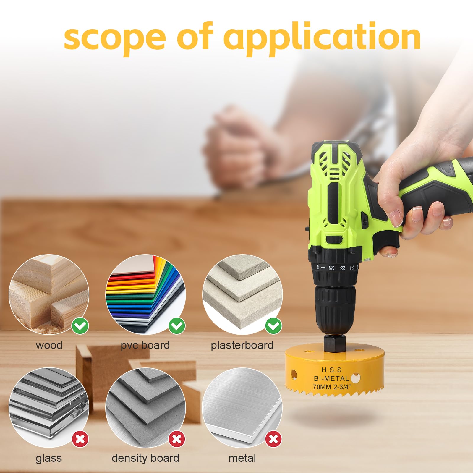 70mm Hole Saw, HSS Bi-Metal Hole Cutter with Drill Bit for Wood Plastic, PVC, Fiberglass and Plasterboard, Yellow - Image 2