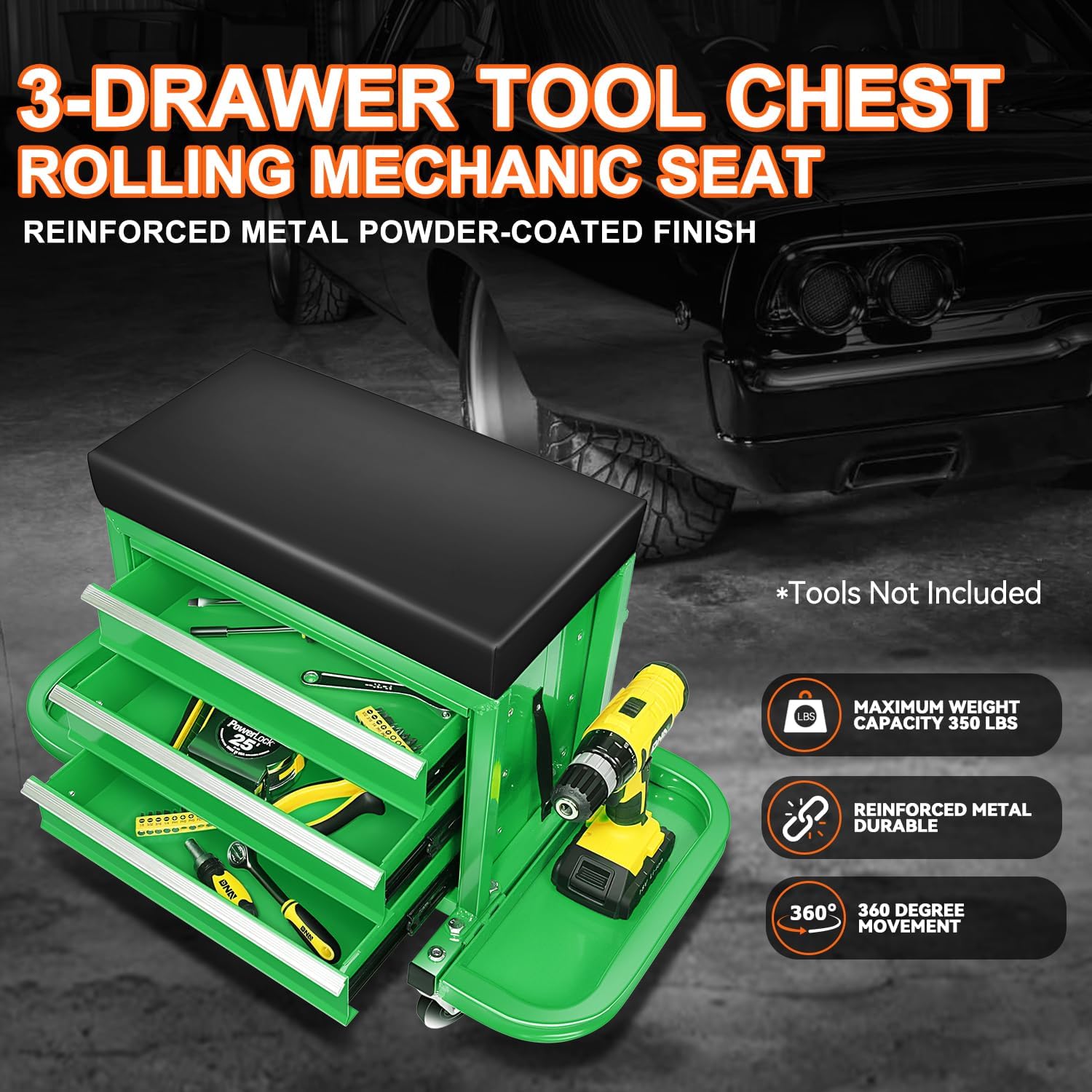 PM PERFORMOTOR 3-Drawer Tool Chest Rolling Mechanic Seat with Tool Trays,350lbs Max Weight Capacity, Green,PM-TOL-RST1-GR