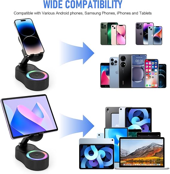 Cell Phone Stand with Wireless Bluetooth Speaker - Induction Speaker with Adjustable Phone Holder, Wireless Induction with Charging Compatible with Android ipad Samsung Tablet (Black)