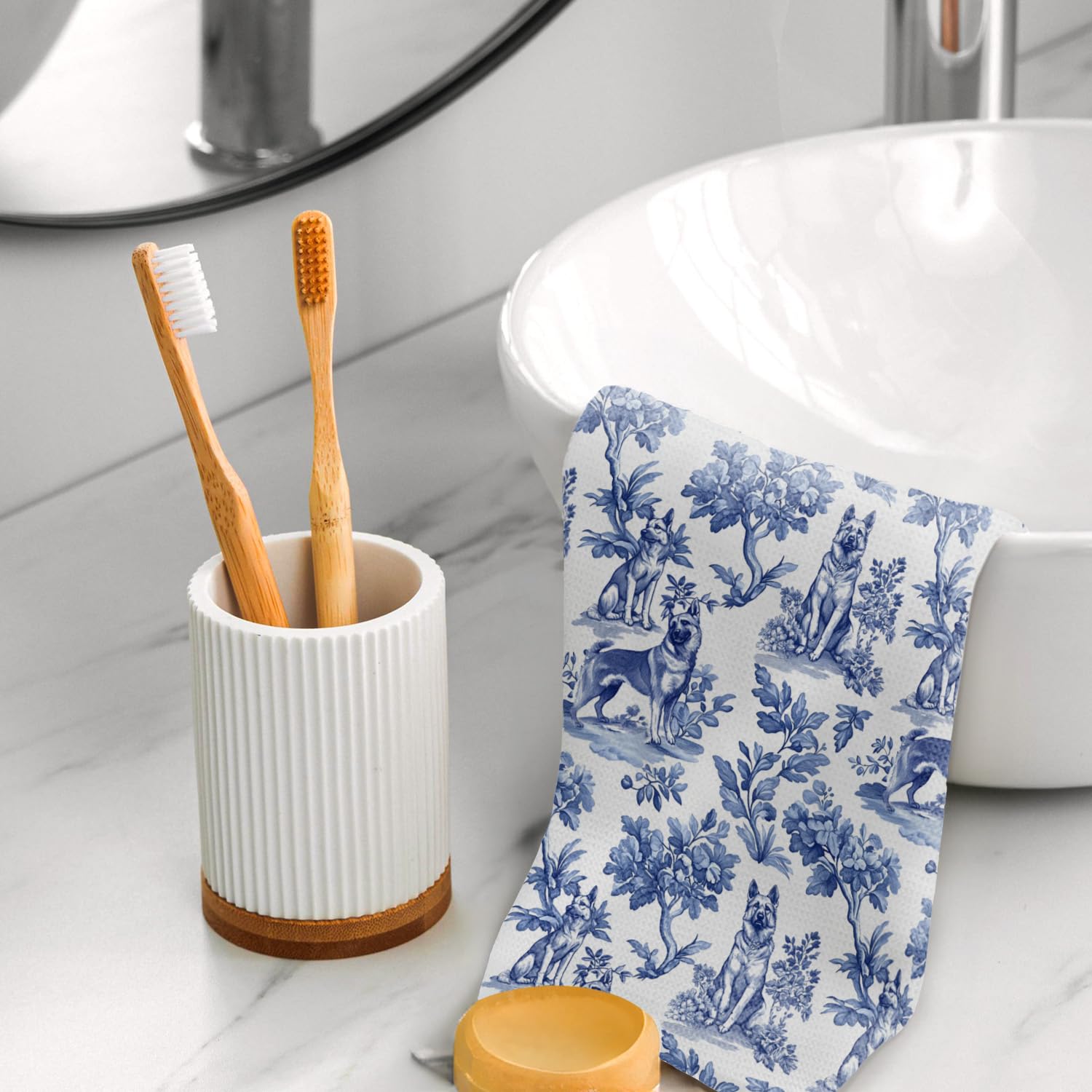 German Shepherd Kitchen Towels, Chinoiserie Blue and White German Shepherd Gifts for Dog Lover Mom, German Shepherd Dish Tea Towels for Kitchen Decor, Grand Millenial Dog Bathroom Decor,16x24 Inch