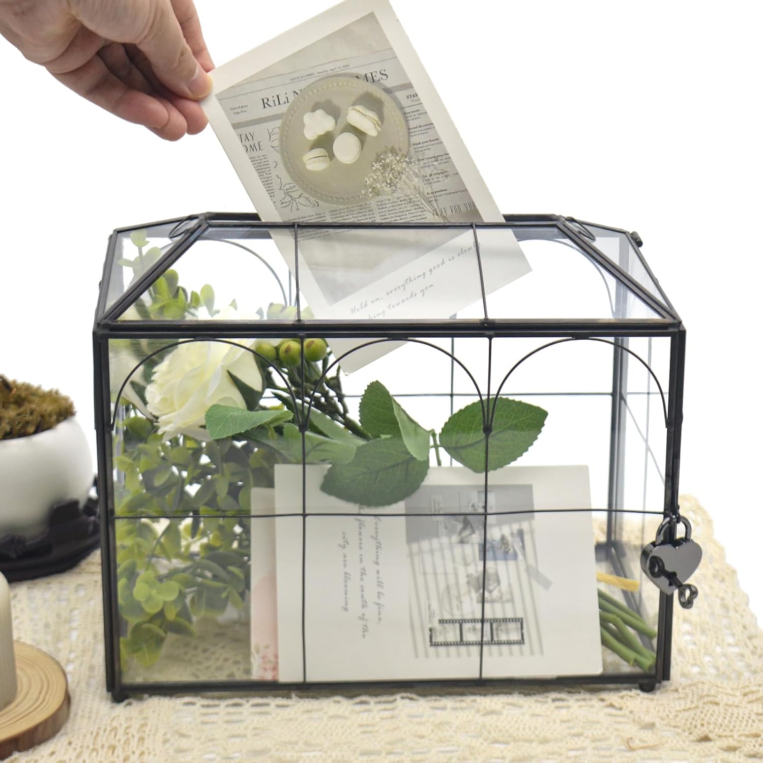 Large Black & Glass Card Box for wedding w/ Lock & Slot - Wedding Envelope Card Holder for Reception Clear Lock Box w/ Key Geometric Handmade Vintage Card Box for Wedding Party (middle-Black)