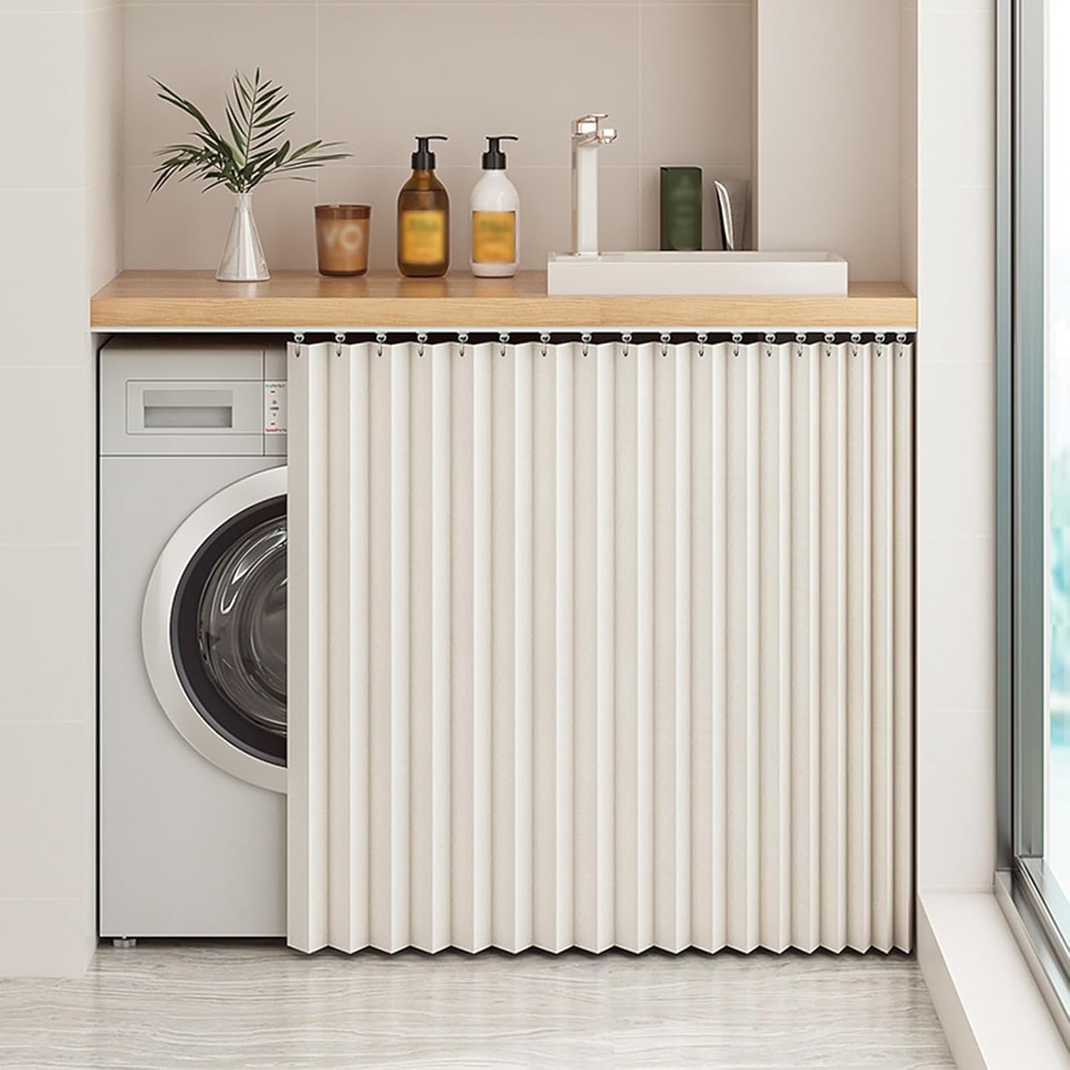 YSZBD Cortinas para armarios, cortinas para estantes de muebles de cocina, cortinas cortas de café para colocar debajo del fregadero con barra autoadhesiva, resistentes al agua y al polvo (beis, 90 cm