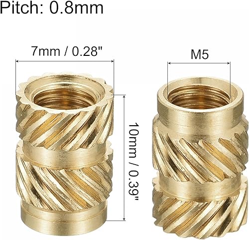 Miniatura 2 de uxcell Tuerca de inserción moleteada M5 x 0.394 in L x 0.276 in OD rosca hembra latón tuerca de incrustación 30 piezas