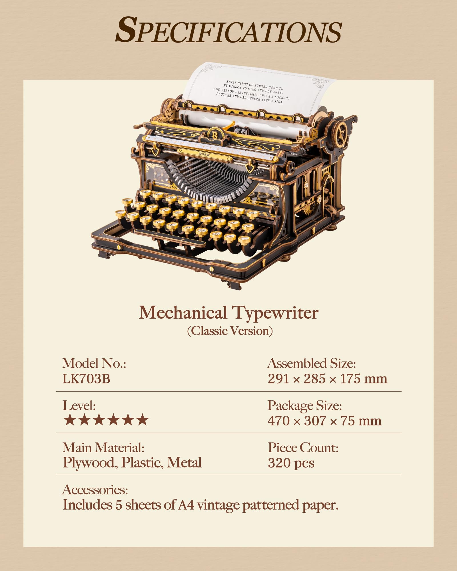 ROKR Drewniane puzzle 3D maszyna do pisania, funkcjonalny model budowania dla dorosłych, unikalna drewniana zabawka mechaniczna DIY, kolekcjonerska retro dekoracja biurkowa LK703B