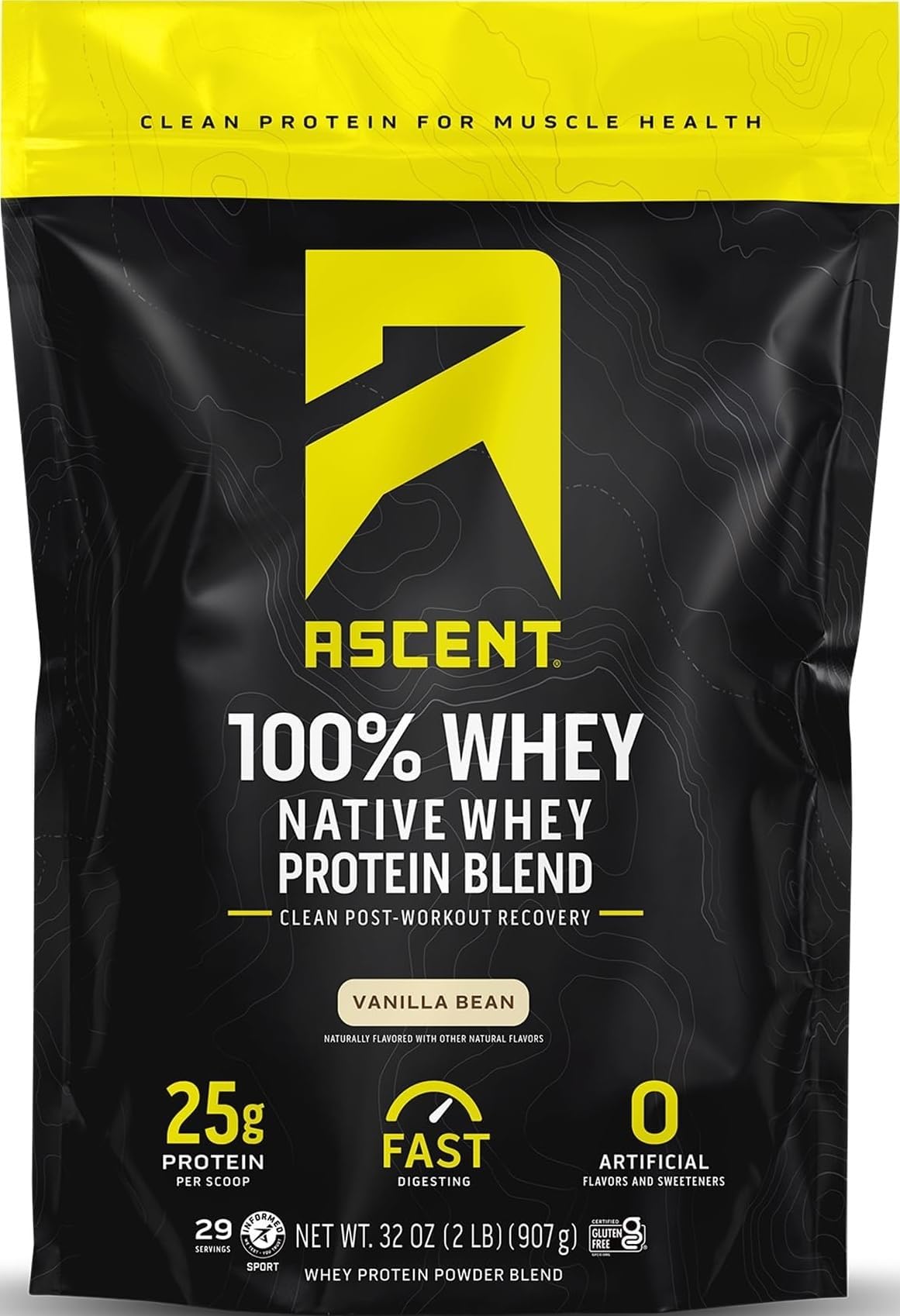Ascent 100% Whey Protein Powder - Post Workout Whey Protein Isolate, Zero Artificial Flavors & Sweeteners, Soy & Gluten Free, 5.5g BCAA, 2.6g Leucine, Essential Amino Acids, Vanilla Bean 2 lb