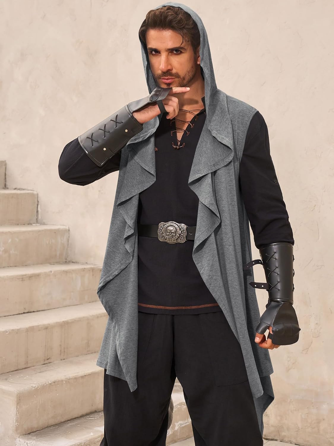 Runcati Mens Hooded Cardigan Sleeveless Ruffle Shawl Collar Open Front Knit Drape Robe - Image 2