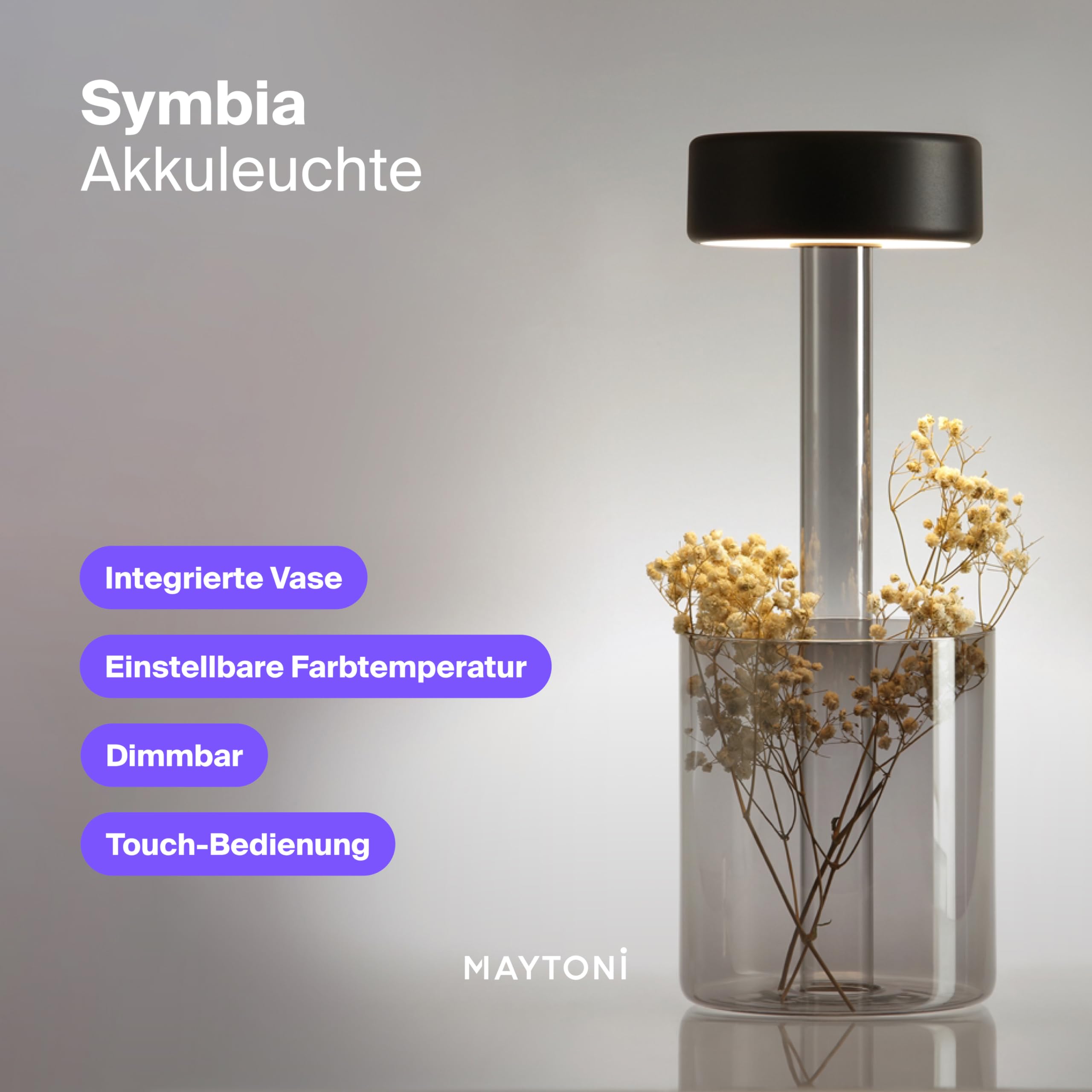 Maytoni Akku-Tischleuchte Symbia Rauchglas Schwarz, LED 3W dimmbar, 3 Farbtemperaturen 2200K 3000K 4000K, kabellos, IP20, Tischlampe Restaurant Terrasse, 2 in 1 Vase und Lampe, Touch Bedienung