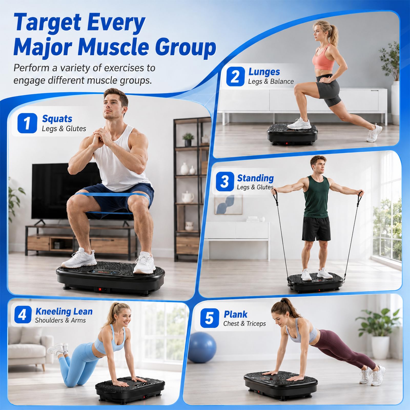 Płyta wibracyjna z 199 poziomami prędkości, 7 trybów automatycznych | Głośniki Bluetooth i taśmy oporowe, trenażer wibracyjny całego ciała do fitnessu, relaksu mięśni i treningu domowego