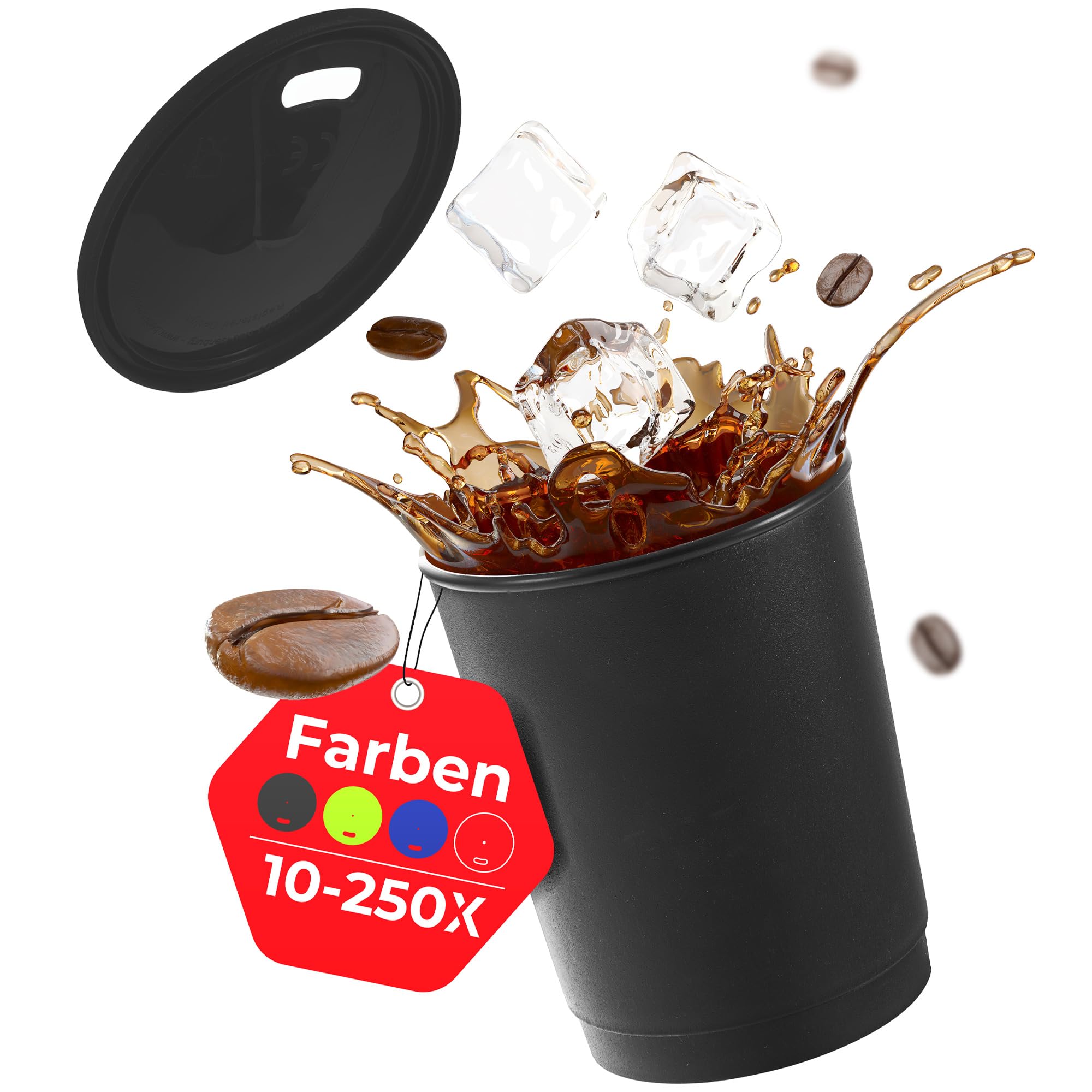 achilles Kaffeebecher mit Deckel, Kunststoffbecher, Mehrwegbecher, Trinkbecher, LFGB geprüft, spülmaschinenfest, stapelbar, 330 ml, Becher schwarz, Deckel schwarz, 100 Stk.