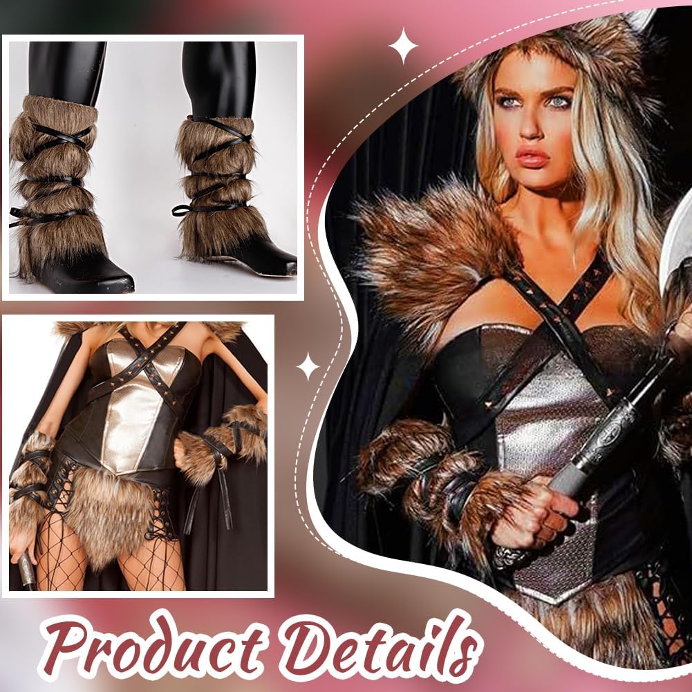 WADORN Viking Warrior Costume, Furry Faux Fur Leg Arm Wraps Warmers Retro Fluffy Long Shoes Boot Cosplay Party Cuffs Covers - Image 5