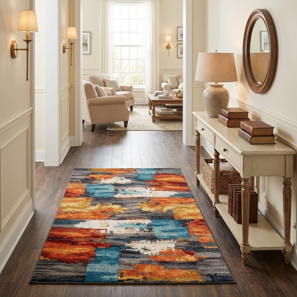 3x5 Area Rug for Living Room,Modern Abstract Burnt Orange Rug,Terracotta and Teal Brushstroke,Washable Rug,Non Slip, for Entryway, Kitchen, Laundry Room, Bathroom