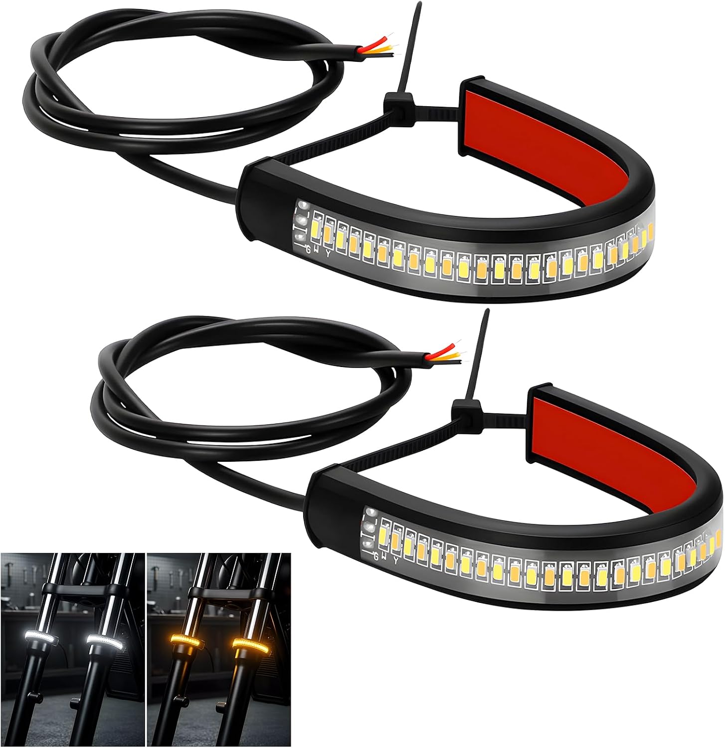 2PCS Motorcycle LED Turn Signal Light, Flexible Dual-Color Fork Turn Signal Blinkers, Waterproof Adjustable Daytime Running Light Bar for Motorbike Ebike Dirt Bike
