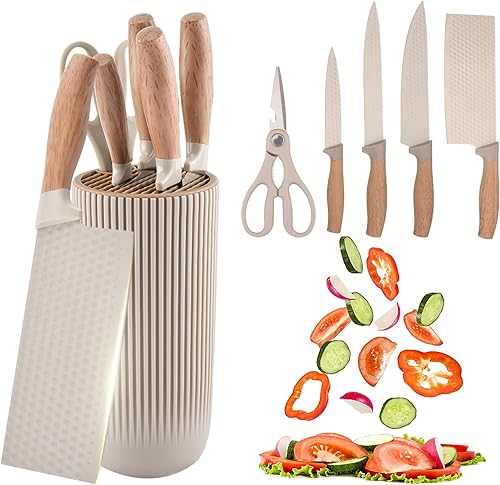 Juego de cuchillos de cocina, juego de 6 cuchillos de cocina caqui con bloque de cuchillos, cuchillas afiladas de acero inoxidable antiadherentes,