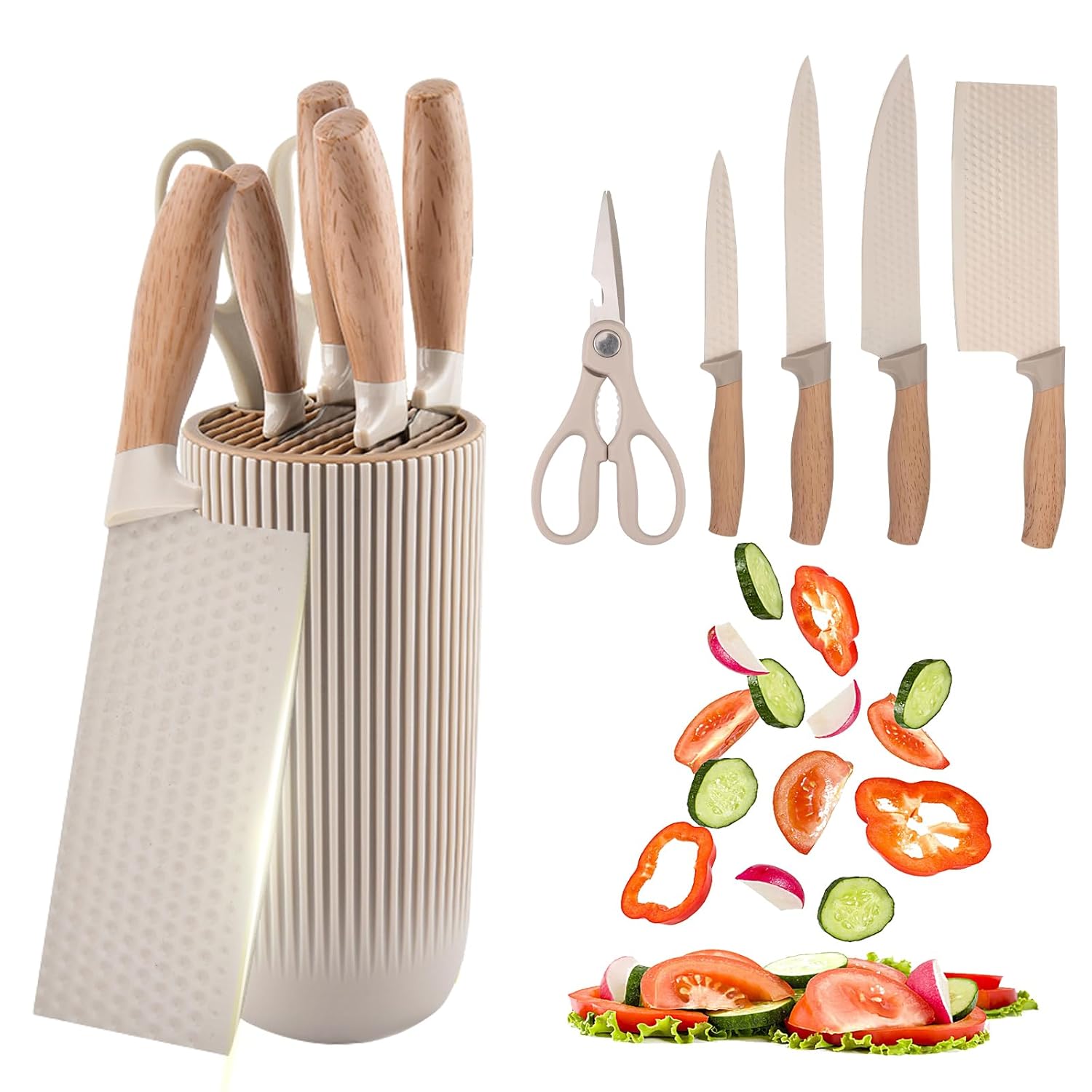 Kitchen Knife Set 6-Piece Khaki Kitchen Knife Set with Knife Block Non-Stick Stainless Steel Sharp Blades Anti-Rust Ergonomic