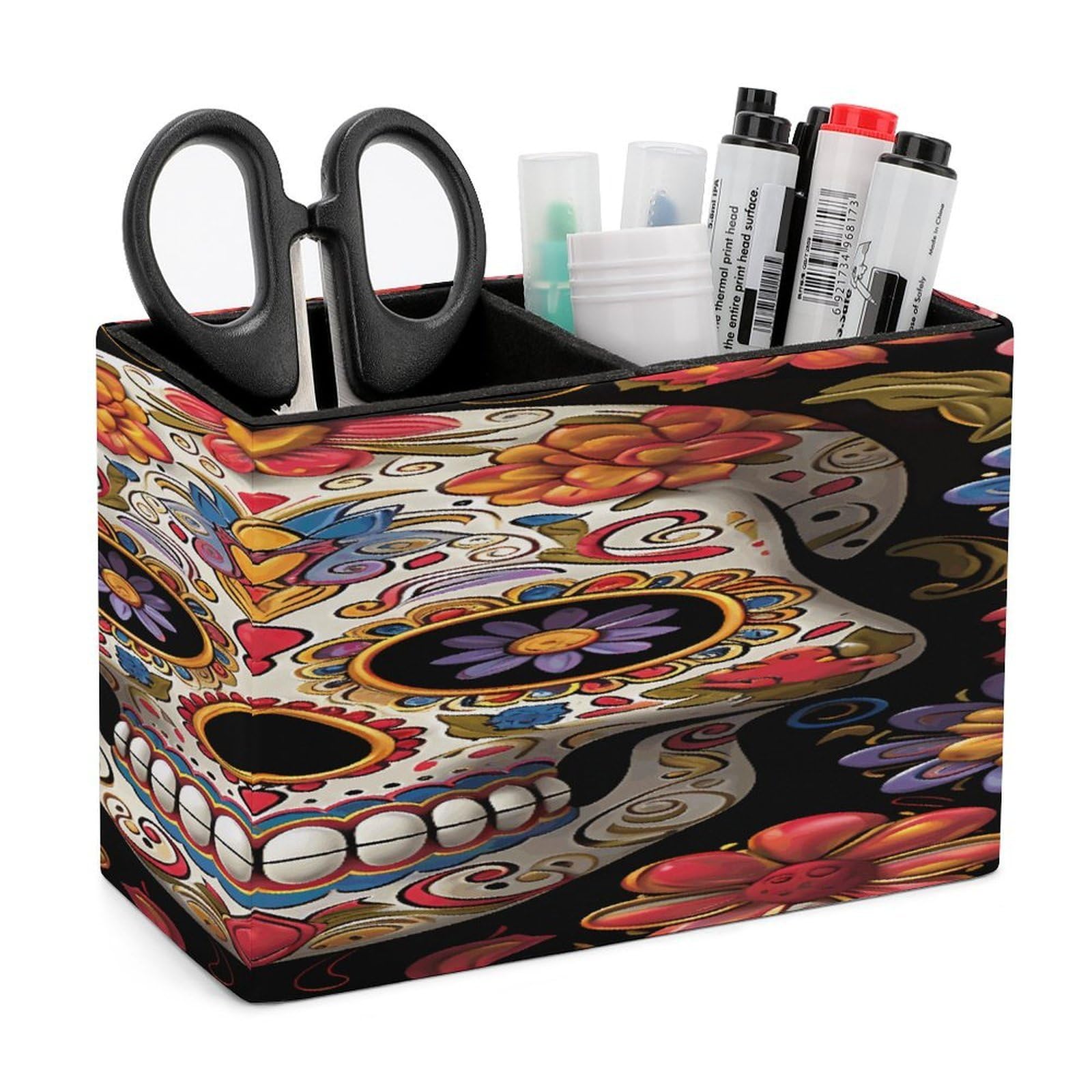VstaDank Sugar Skulls Pen Holder Double Compartments Pen Cup Fashion Makeup Brush Holders Leather Pencil Holder for Work Locker Accessories Modern Pencil Cup for Desk Organizer