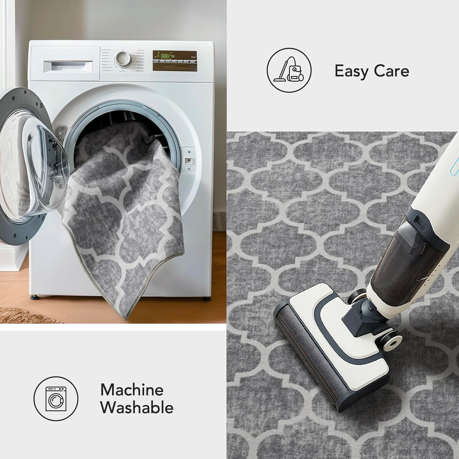 EVERGRACE Hallyway Area Runner Rugs 2x8, Boho Trellis Faux Wool Indoor Outdoor Rugs, Washable Rugs for Bedroom Dining Room Living Room Kitchen, Low Pile Floor Mat Carpet for Home Decor, Light Gray