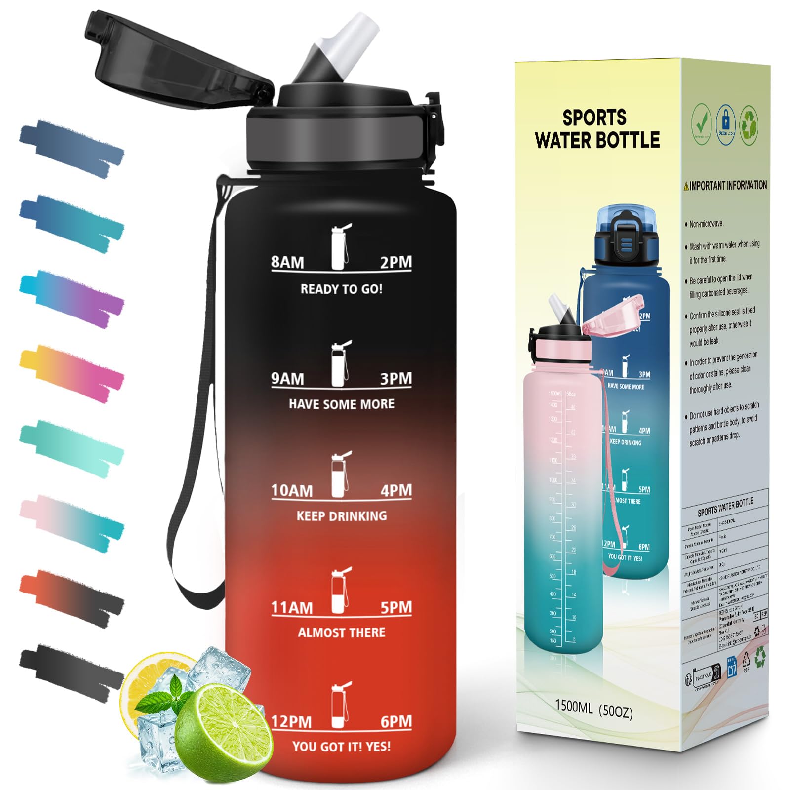 Mulbijeo Botellas de Agua, 1 Litro BPA Free, Botella Gimnasio, con Escala de Tiempo Motivacional, Cantimplora, Reutilizable, Garrafa de Agua, Ideal para Escuela, Oficina, Deporte, Botella con Pajita — view 11