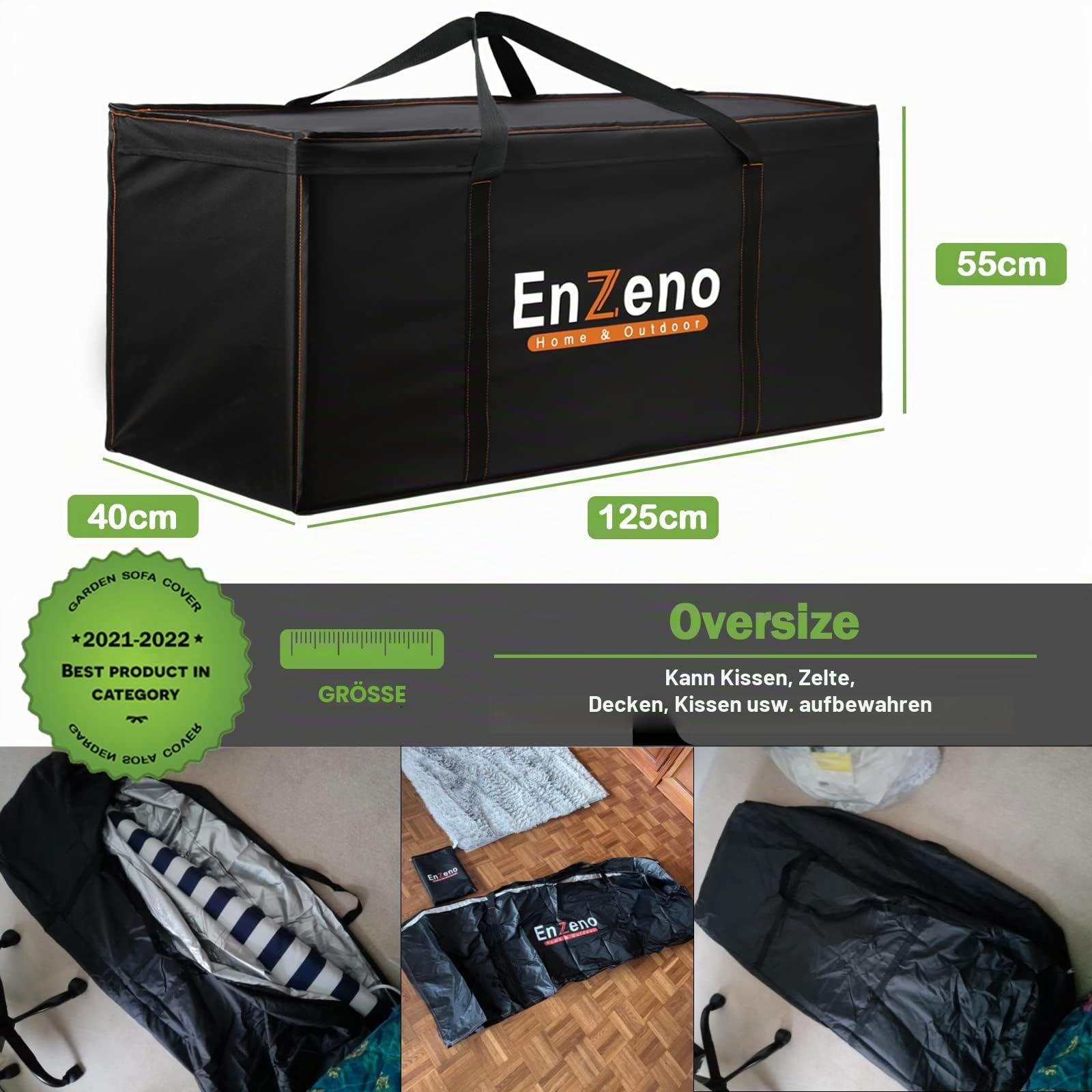 Enzeno Aufbewahrungstasche Gartenauflagen, 420D Oxford-Gewebe, wasserdicht, UV-beständig, aufbewahrung gartenpolster, Aufbewahrungstasche für Weihnachtsbaume (125 x 40 x 55 cm)