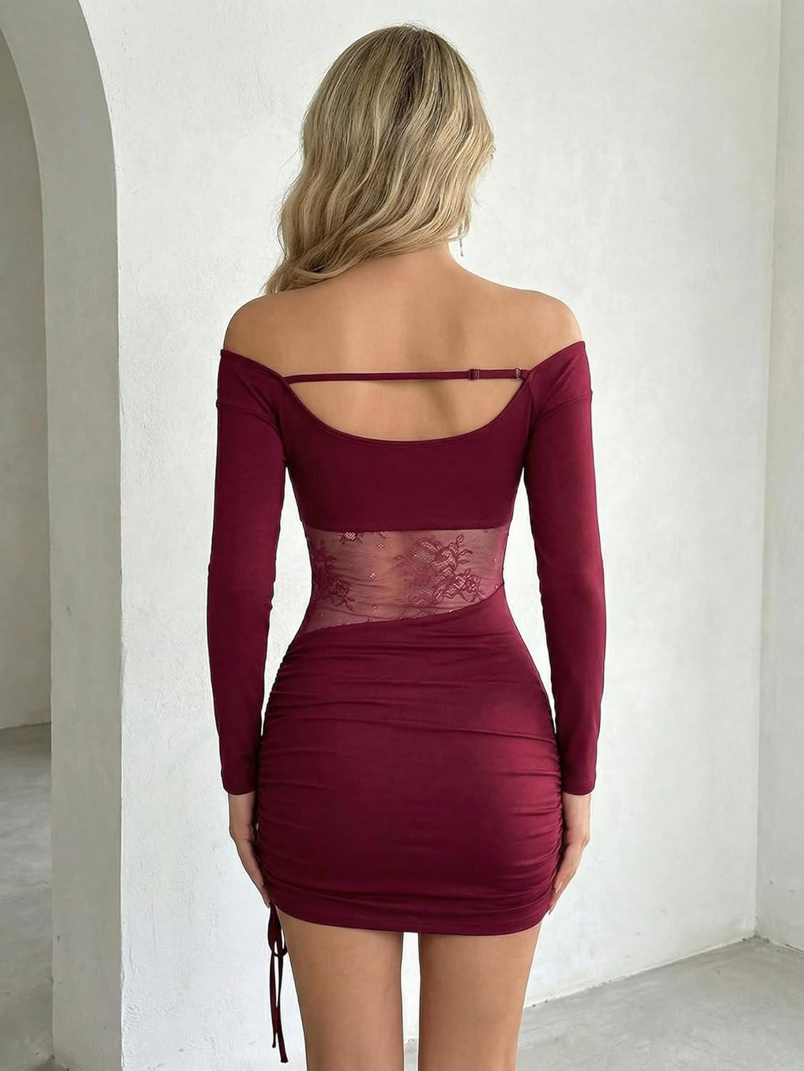 GORGLITTER Women's Lace Off The Shoulder Dress Ruched Drawstring Mesh Long Sleeve Coquette Bodycon Club Party Dresses - Image 2