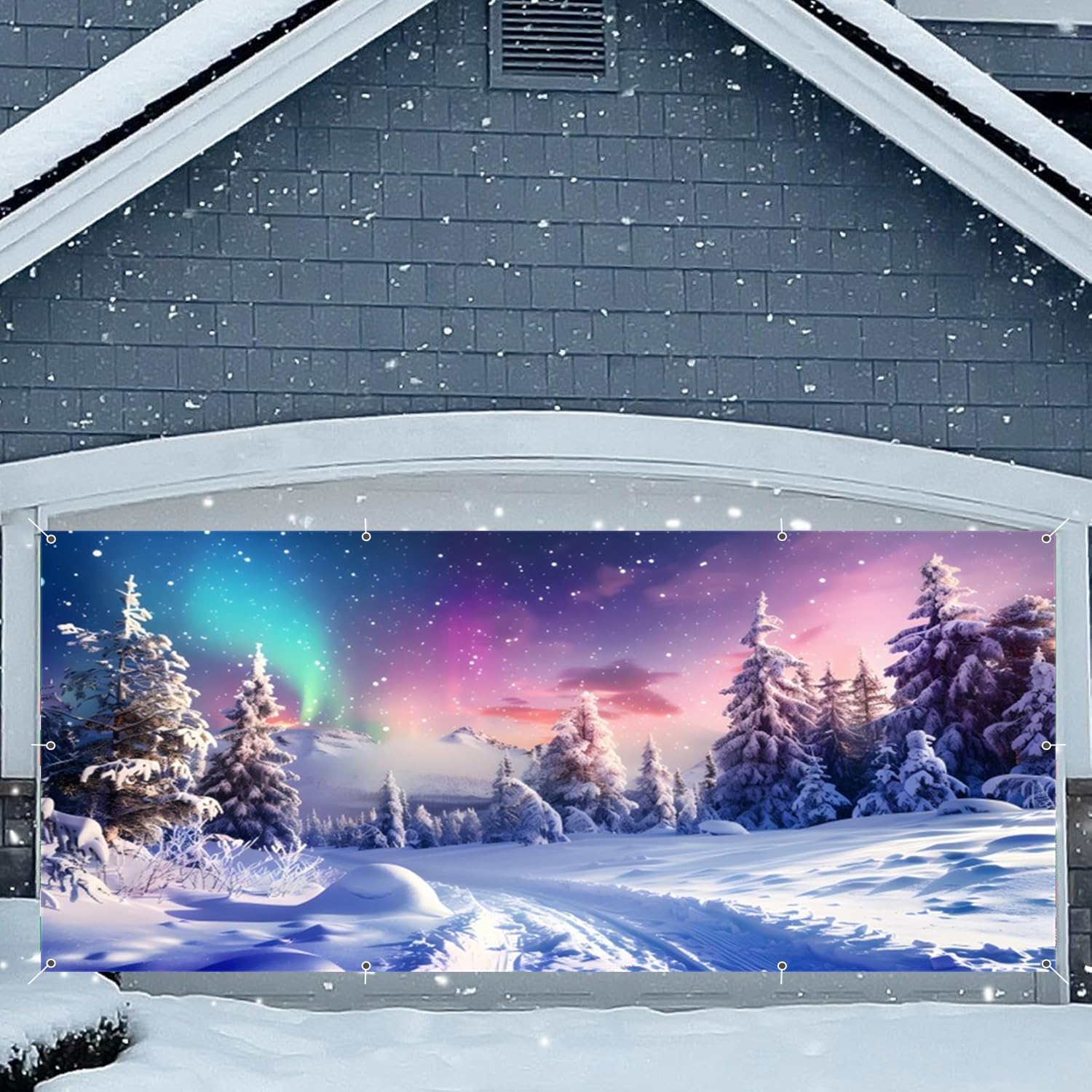 Winter Wonderland Garage Door Cover Decorations Banner Backdrop 7x16ft,Large Hanging 2 Car Christmas Garage Door Cover Winter Forest Aurora Snowflake Mural Decor for Outdoor Holiday Decorations