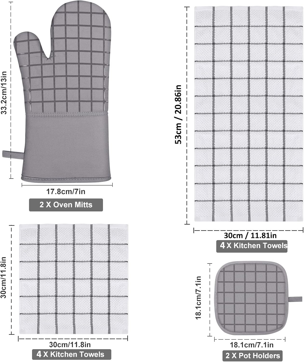 Oven Mitts and Pot Holders Set 500 Degree Heat Resistant Oven Gloves and Hot Pads, Premium Soft Cotton Kitchen Hand Towels and Dish Cloth Hanging Loop Gray - Image 2