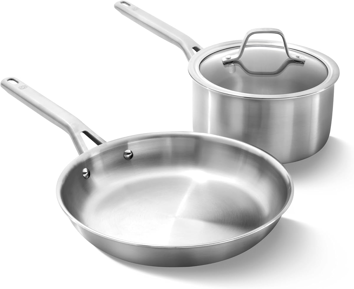 Juego de utensilios de cocina de acero inoxidable cepillado de 3 capas con Turbo Heat Tech de 3 piezas, incluye juego de sartén y sartén, inducción, apto para horno 450 F, plata inoxidable cepillado