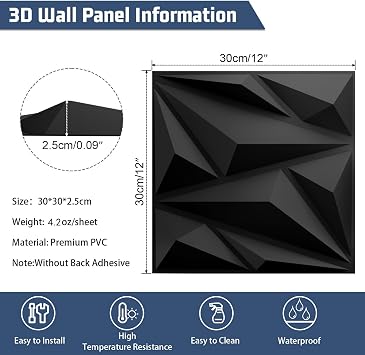 Decorative 3D Wall Panels, 33 Pack Textured PVC Tiles 12x12 Inch, Black - Covers 33 Sq Ft, Modern Wall Art for TV Wall & Game Room, Waterproof & Cuttable (Glue Required)