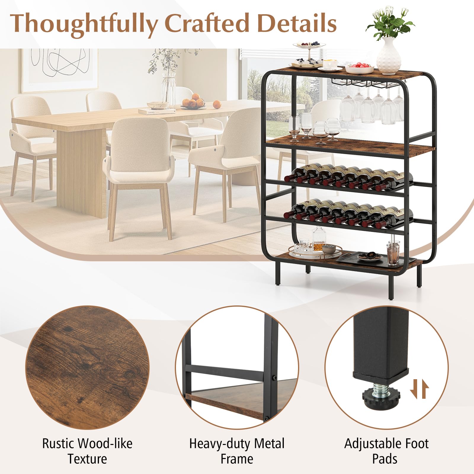 Giantex Industrial Wine Rack Freestanding Floor, 16-Bottle 5-Tier Wine Display Storage Shelf with 12-Glass Holders, Metal Liquor Display Stand for Kitchen, Home Bar, Living Room, Dining Room