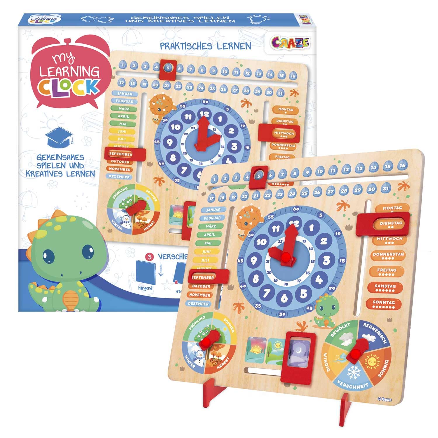 CRAZE My Learning Clock Dino - Lernuhr für Kinder aus Holz, Kalenderuhr zum Lernen für Kinder, Lerntafel Uhr Jahreszeiten Wanduhr, Blau