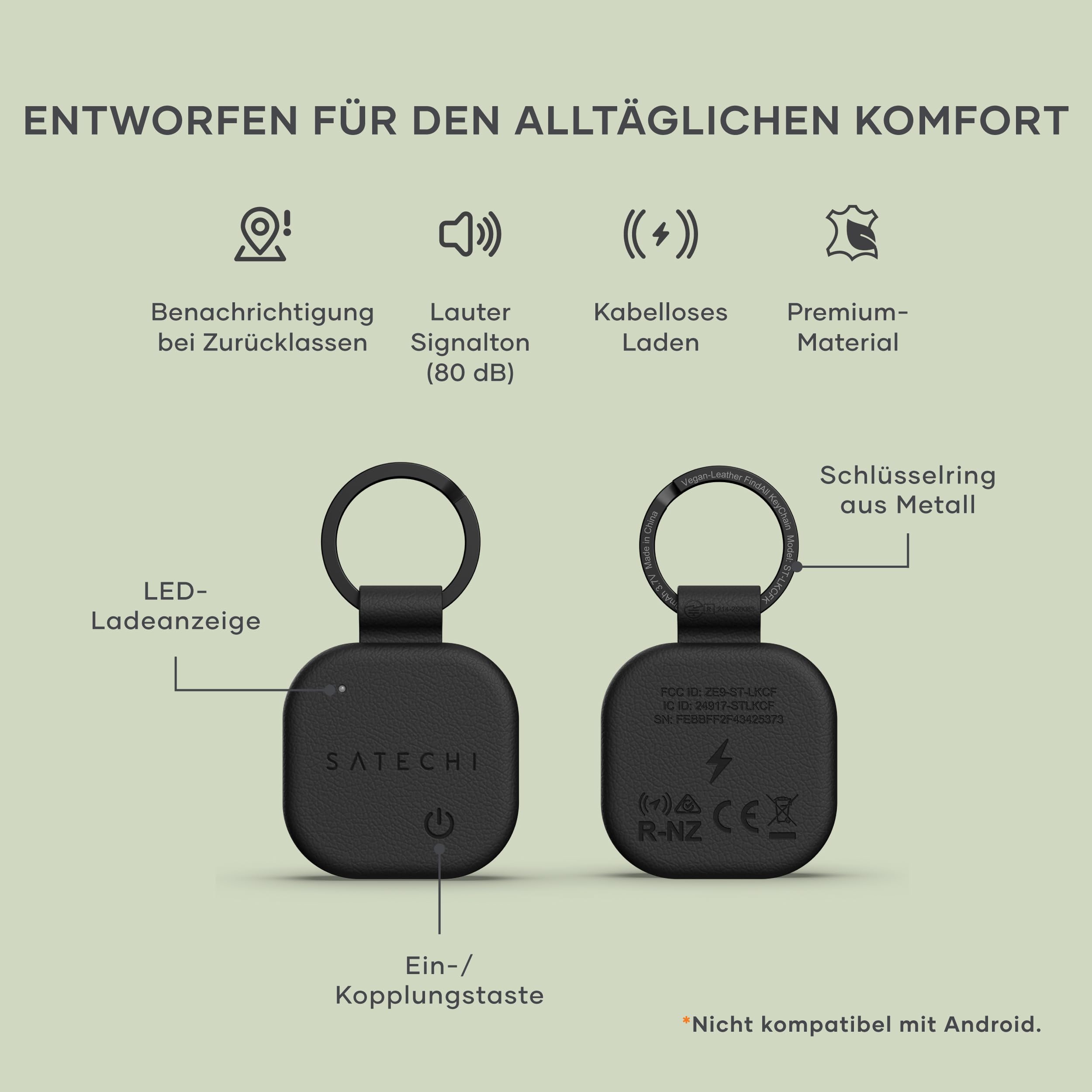 SATECHI FindAll Schlüsselanhänger mit Find My, Tracker, Ortung, Standortverfolgung, kabellos aufladbar, Trennungsalarm, lauter Signalton, kompatibel mit iPhone, iPad, Mac – Schwarz