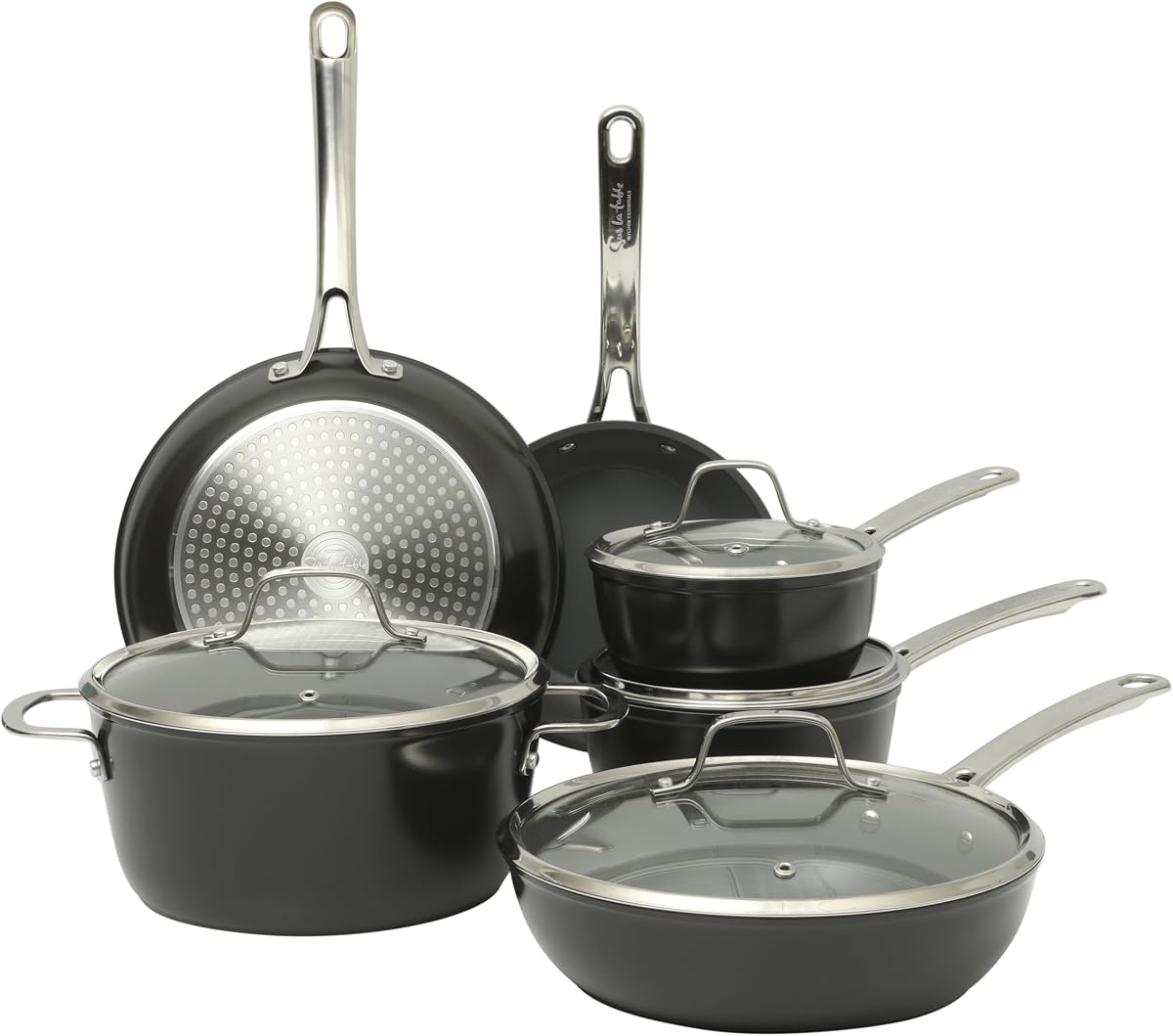 Sur La Table Kitchen Essentials Cool Commune Hard Anodized 10 Piece PFA Free Ceramic Non stick Interior Forged Durable Aluminum Pots and Pans Cookware Set - Black - Induction Compatible