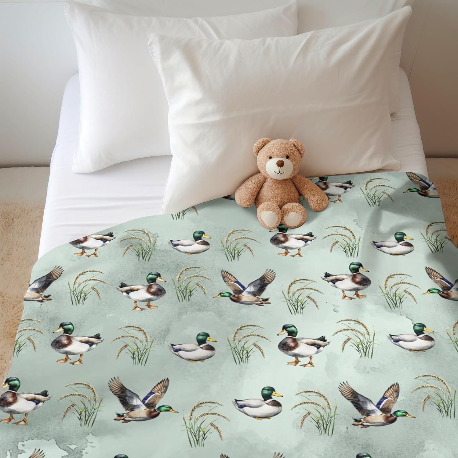 Vintage Mallard Ducks Baby Blankets for Boy Girl Hunting Duck Green Leaves Soft Flannel Nursery Bed Blankets for Infant Toddler Crib Wild Duck Animal Swaddle Receiving Blanket 60x80inch