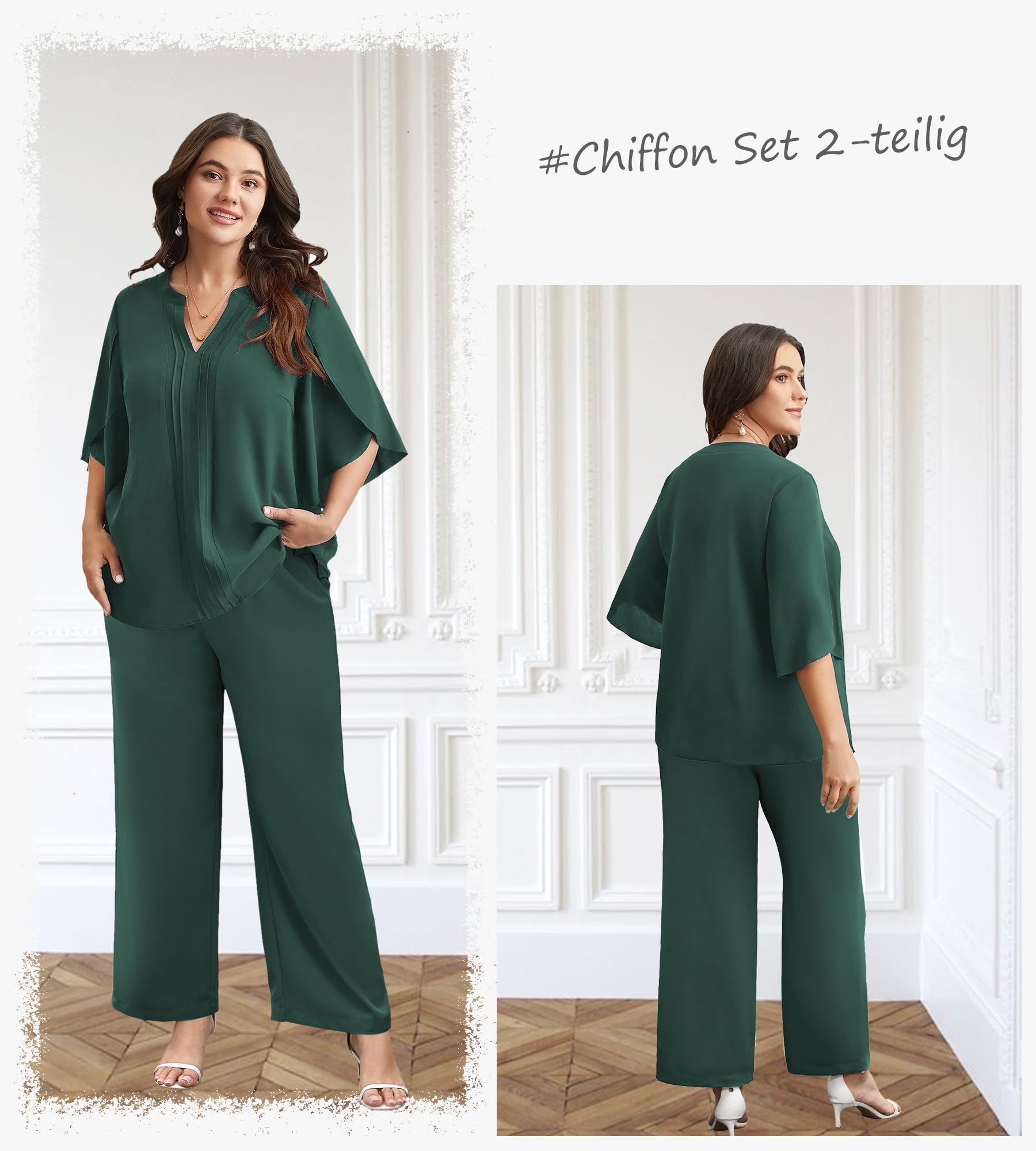 Theenkoln Set da donna in chiffon, 2 pezzi, elegante, per matrimoni e cocktail party, con scollo a V, maniche a pipistrello e pantaloni a vita alta