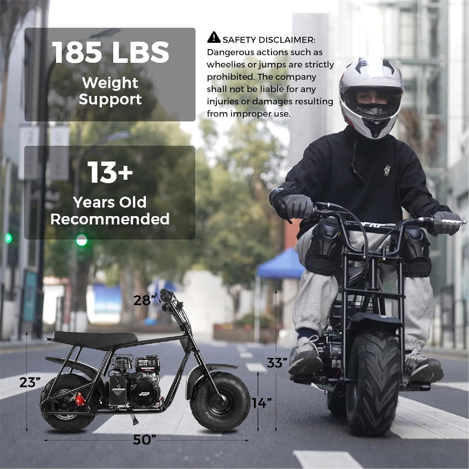 Infographic showing a person riding the FRP GMB100 Mini Dirt Bike, with text indicating 185 LBS Weight Support and 13+ Years Old Recommended, along with dimensions: 50 inches length, 23 inches seat height, 28 inches handlebar height, 33 inches total height, 14 inches ground clearance.